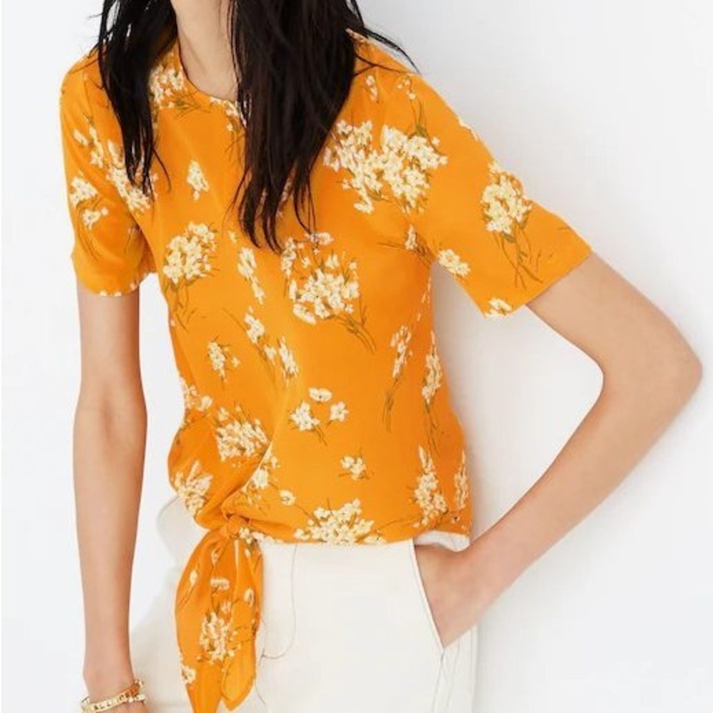 Madewell Silk Top Medium Floral‎ Print Tie Front Short Sleeve Blouse Button Back